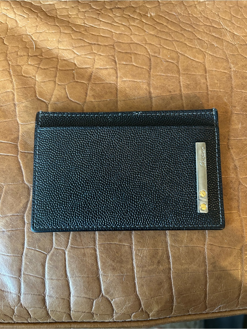FAUX “Cartier” style Black Leather Card Holder with Metal Accent- made in Spain